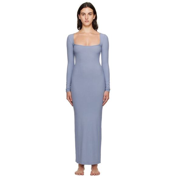 SKIMS Sz L Soft Lounge Long Sleeve Dress in Slate Blue RARE Ribbed Maxi Slinky - Picture 1 of 14